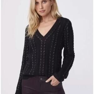 Paige Black Silver Metallic V-neck Cable Knit Dorthea Sweater Small Punkcore